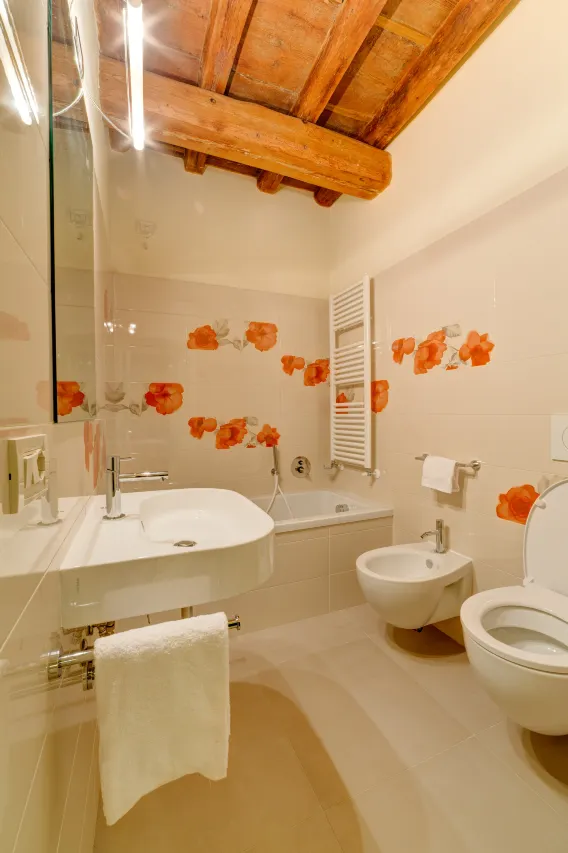 Large and decorated bathroom of a Bilo Deluxe apartment.
