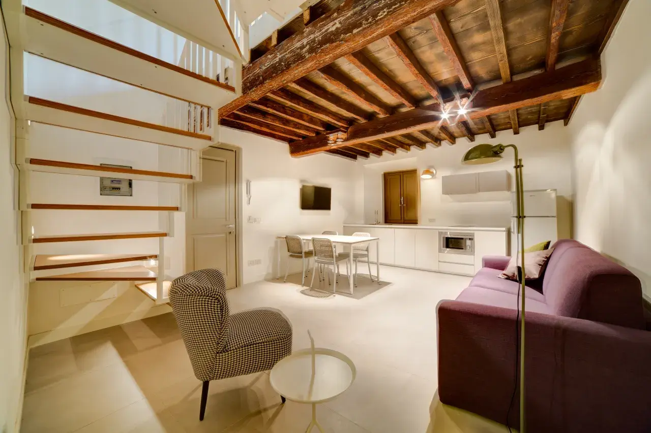 Full view of the lower-floor living area in a Bilo Deluxe apartment.