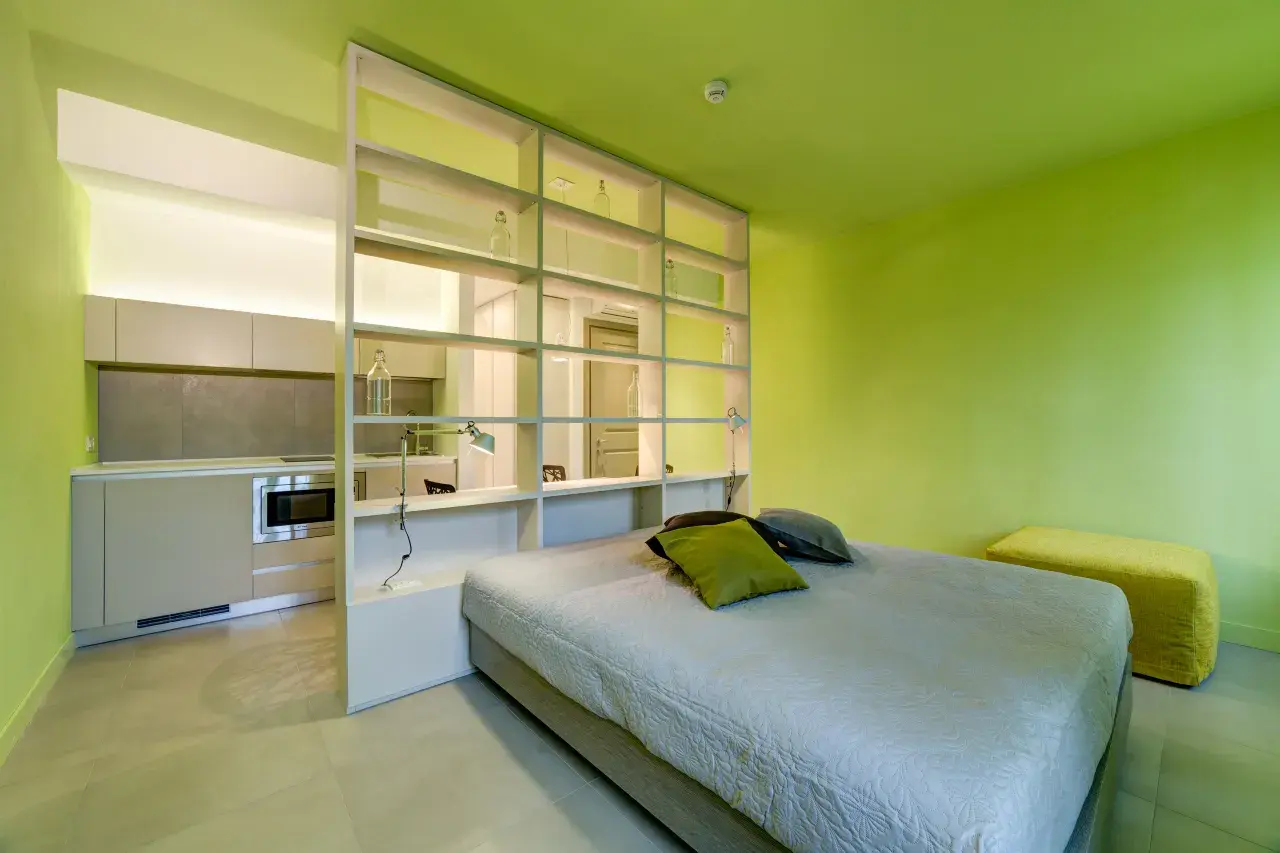 Interior design of the Mono Smart apartment featuring green walls and decor.